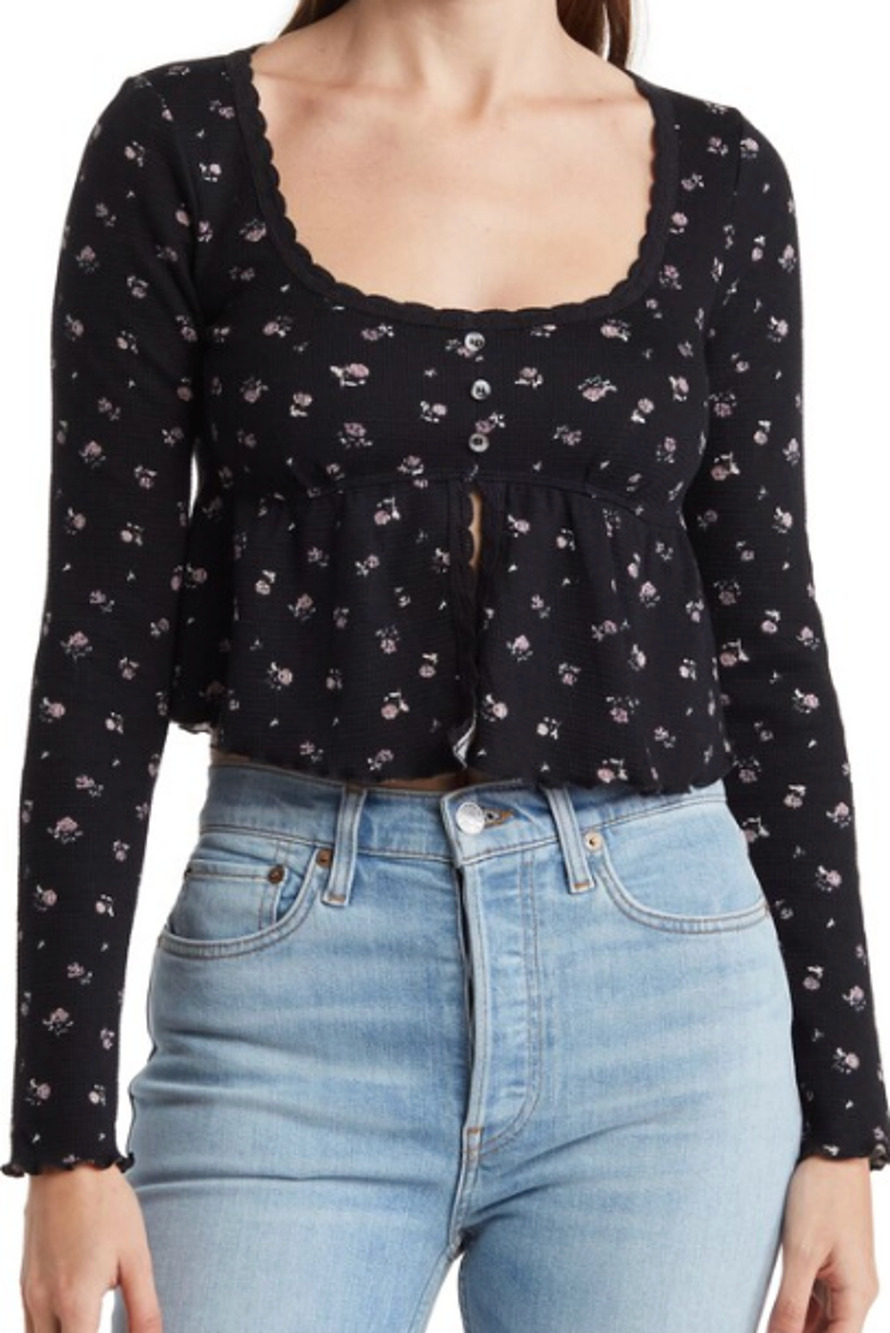 Kirious NWT Long Sleeve Floral Babydoll Top Sz L Black Waffle Knit Cropped